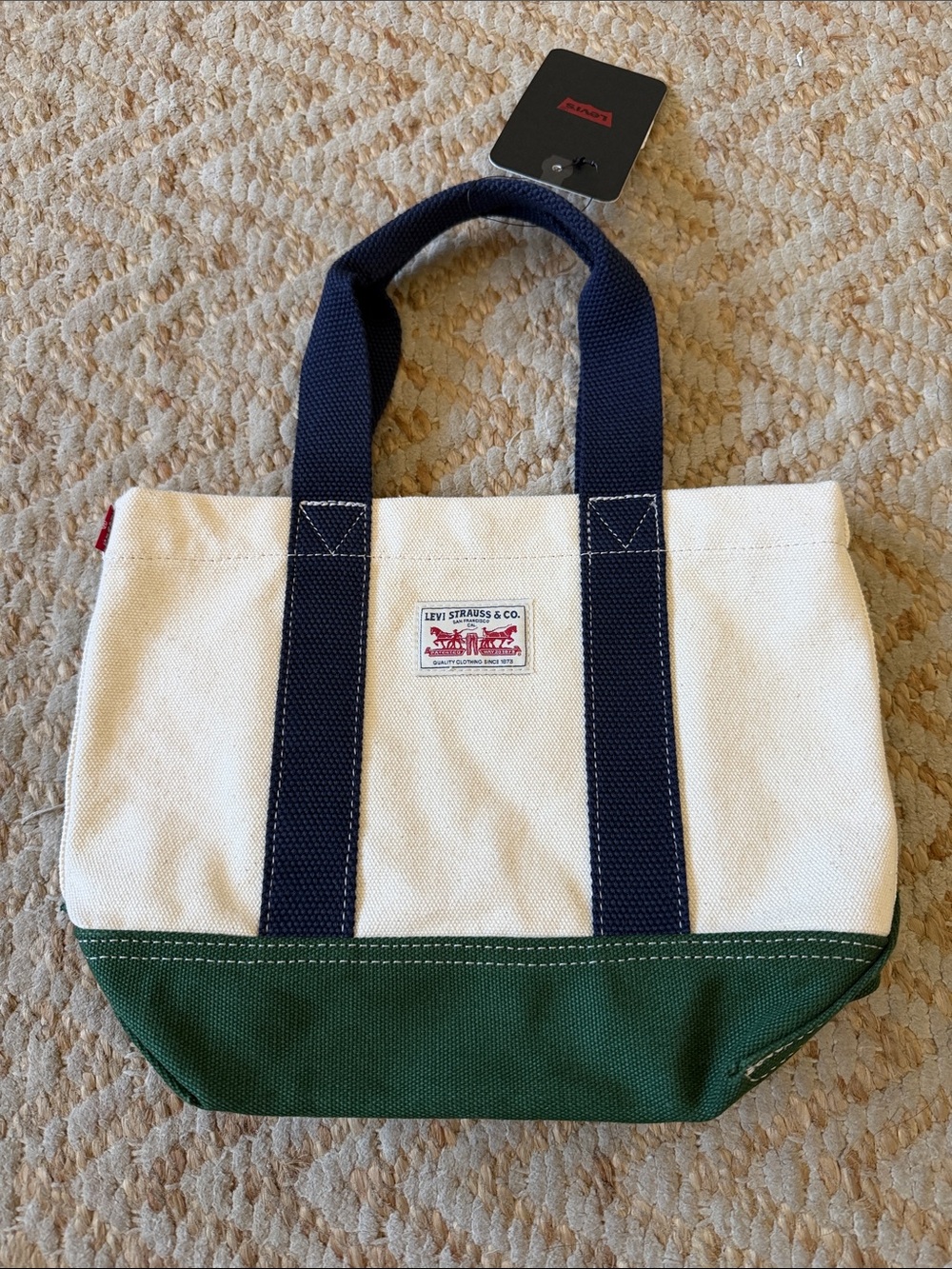 Levi's White Canvas Tote with Green Base and Navy Handles